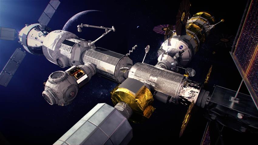 Concept d'artiste de Canadarm3, situé à l'extérieur de la "Lunar Gateway" (Crédits : CSA, NASA)